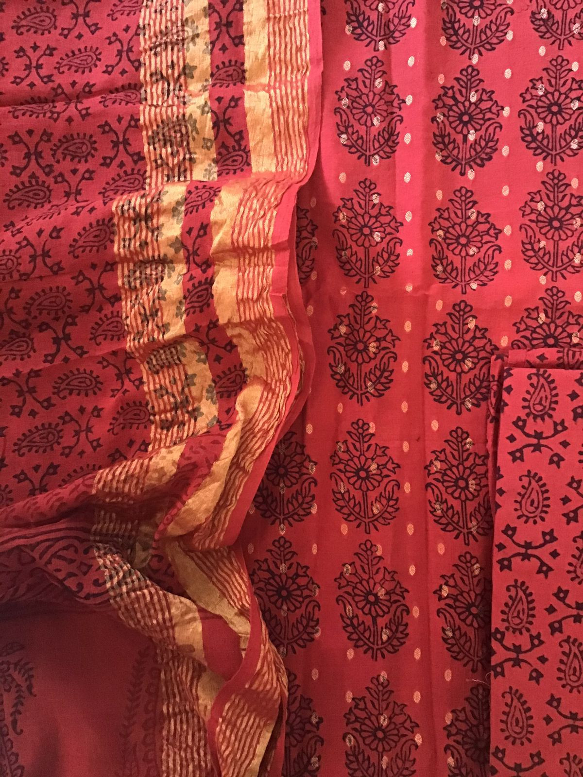 Pure Cotton Bagh Printed Banarasi Weaved Suit - Tomato Red