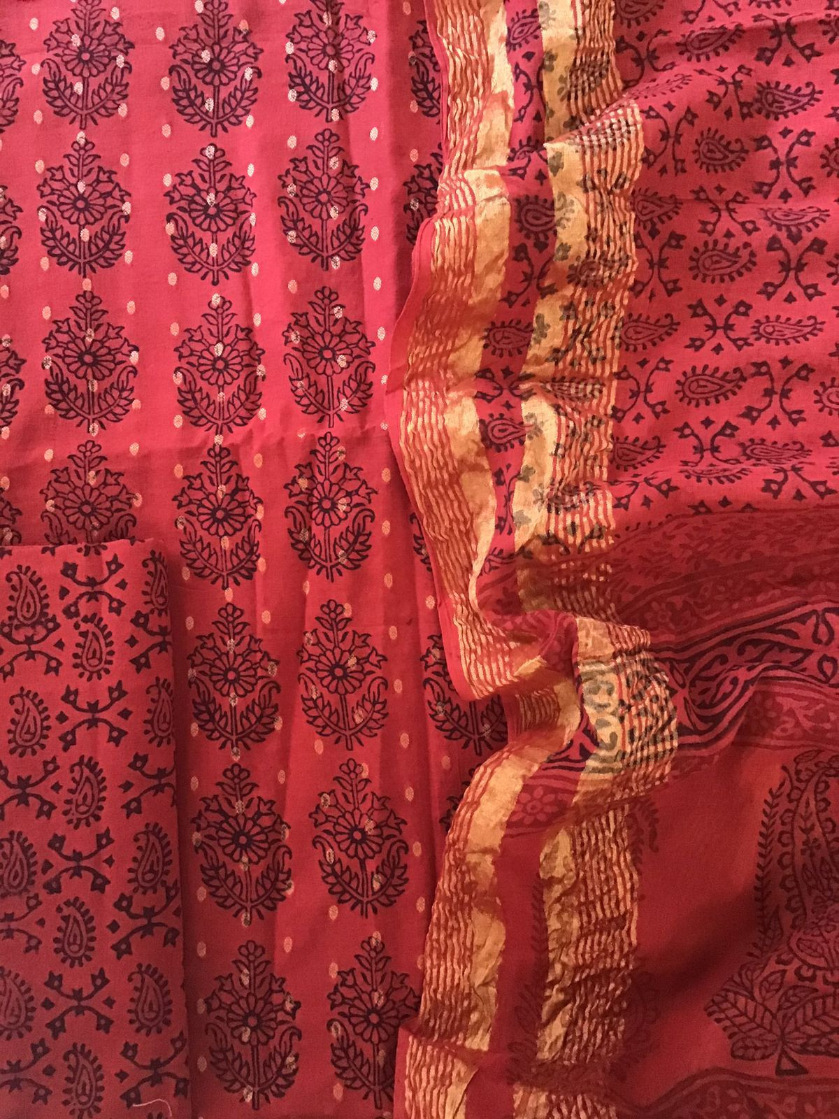Pure Cotton Bagh Printed Banarasi Weaved Suit - Tomato Red