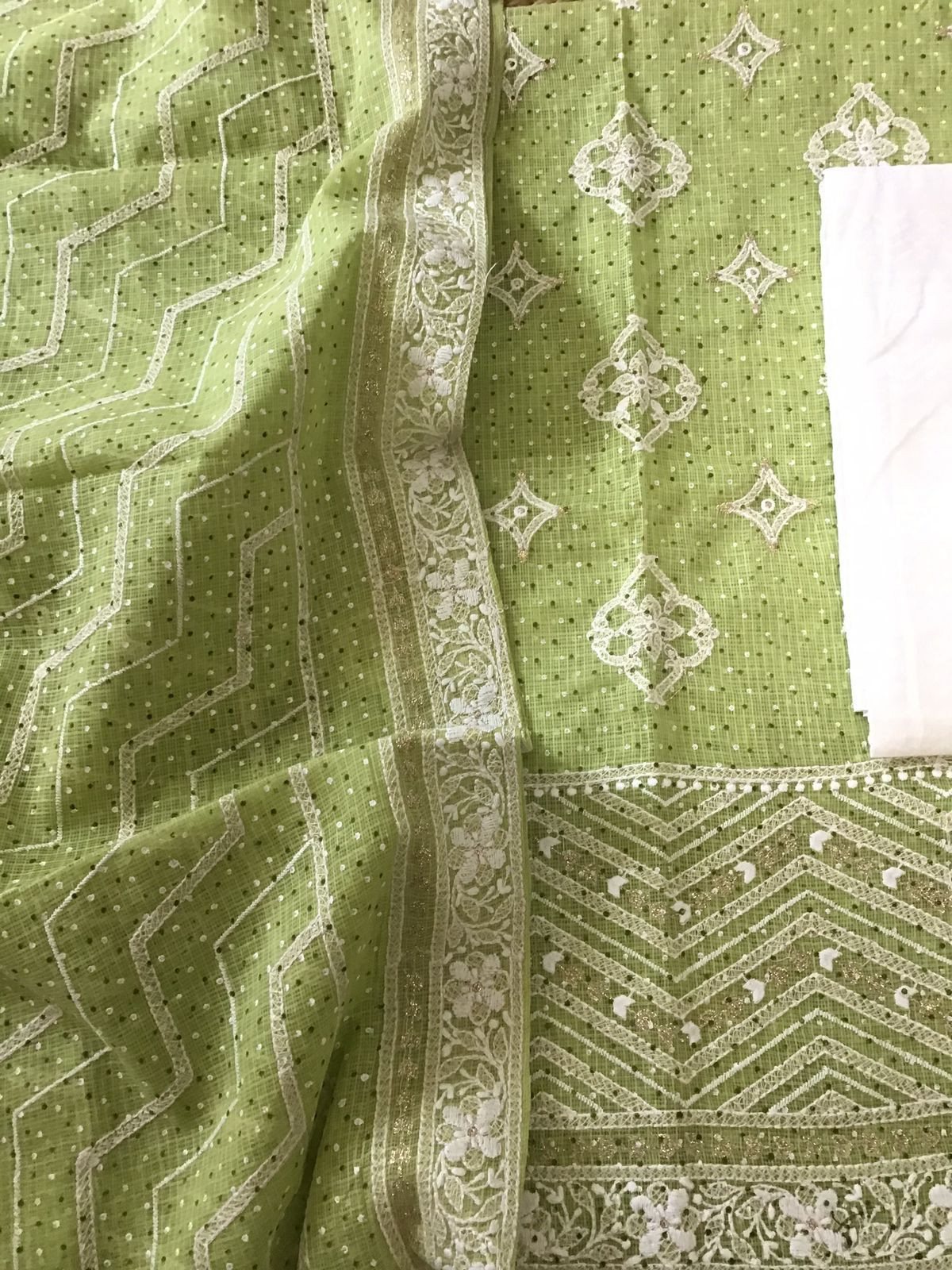 Pure Kota Cotton Block Printed Embroidered Suit - Green