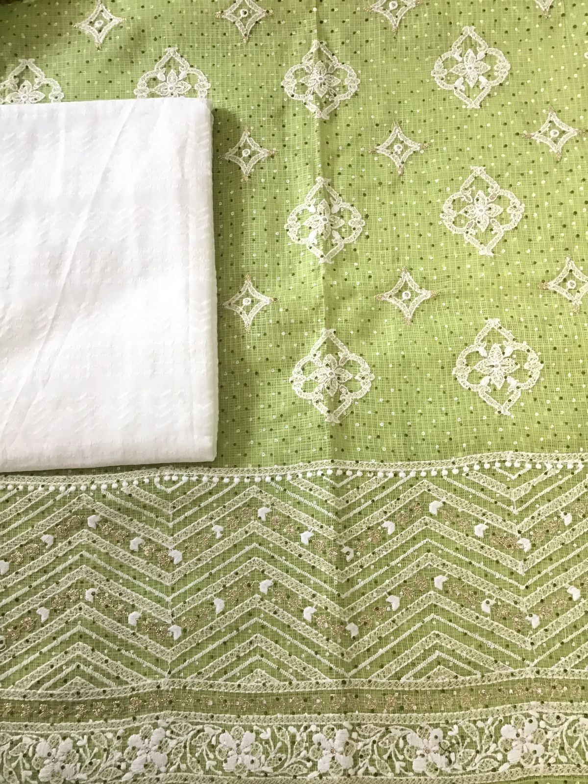 Pure Kota Cotton Block Printed Embroidered Suit - Green