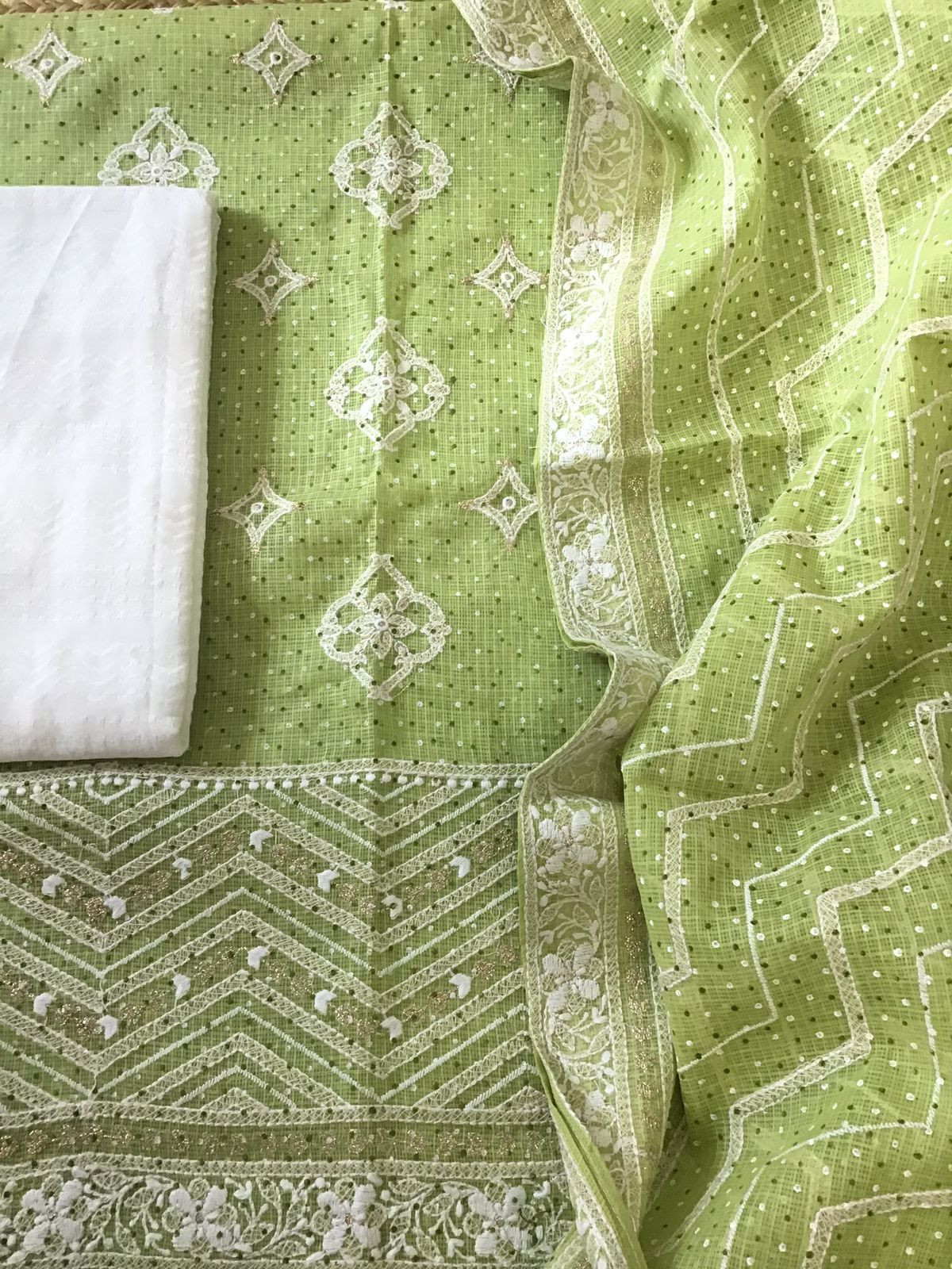 Pure Kota Cotton Block Printed Embroidered Suit - Green