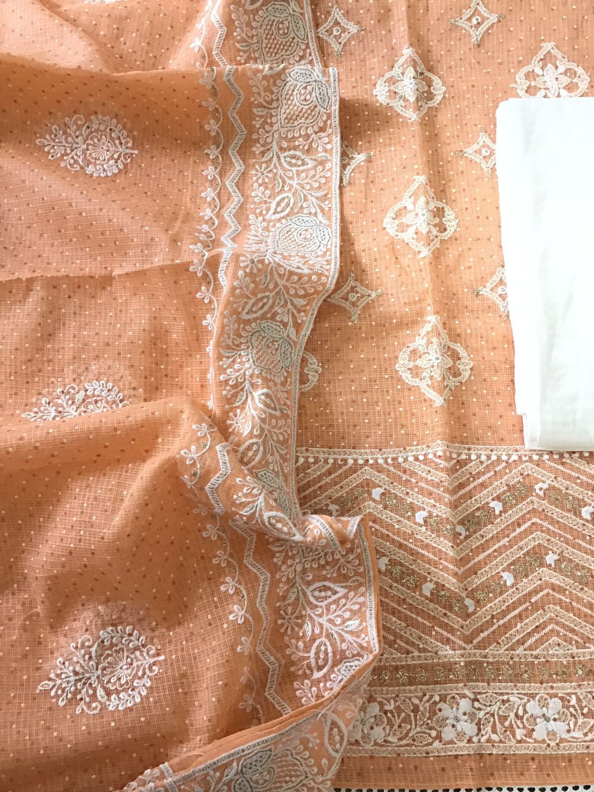 Pure Kota Cotton Block Printed Embroidered Suit - Orange
