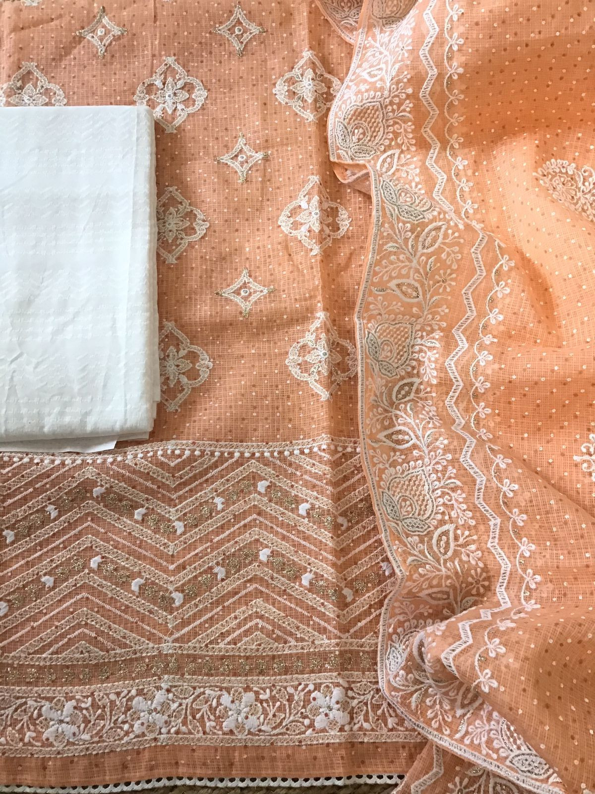 Pure Kota Cotton Block Printed Embroidered Suit - Orange