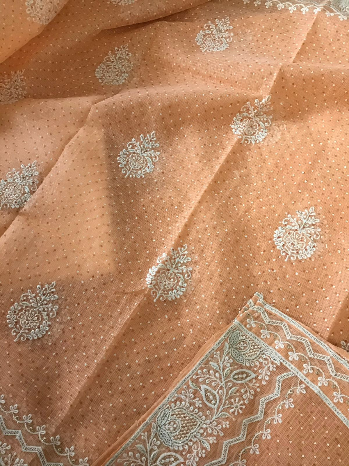 Pure Kota Cotton Block Printed Embroidered Suit - Orange