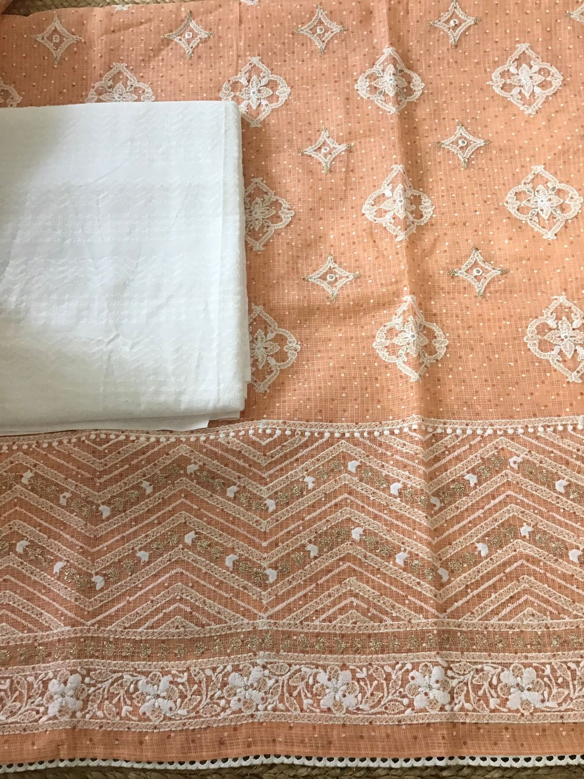 Pure Kota Cotton Block Printed Embroidered Suit - Orange