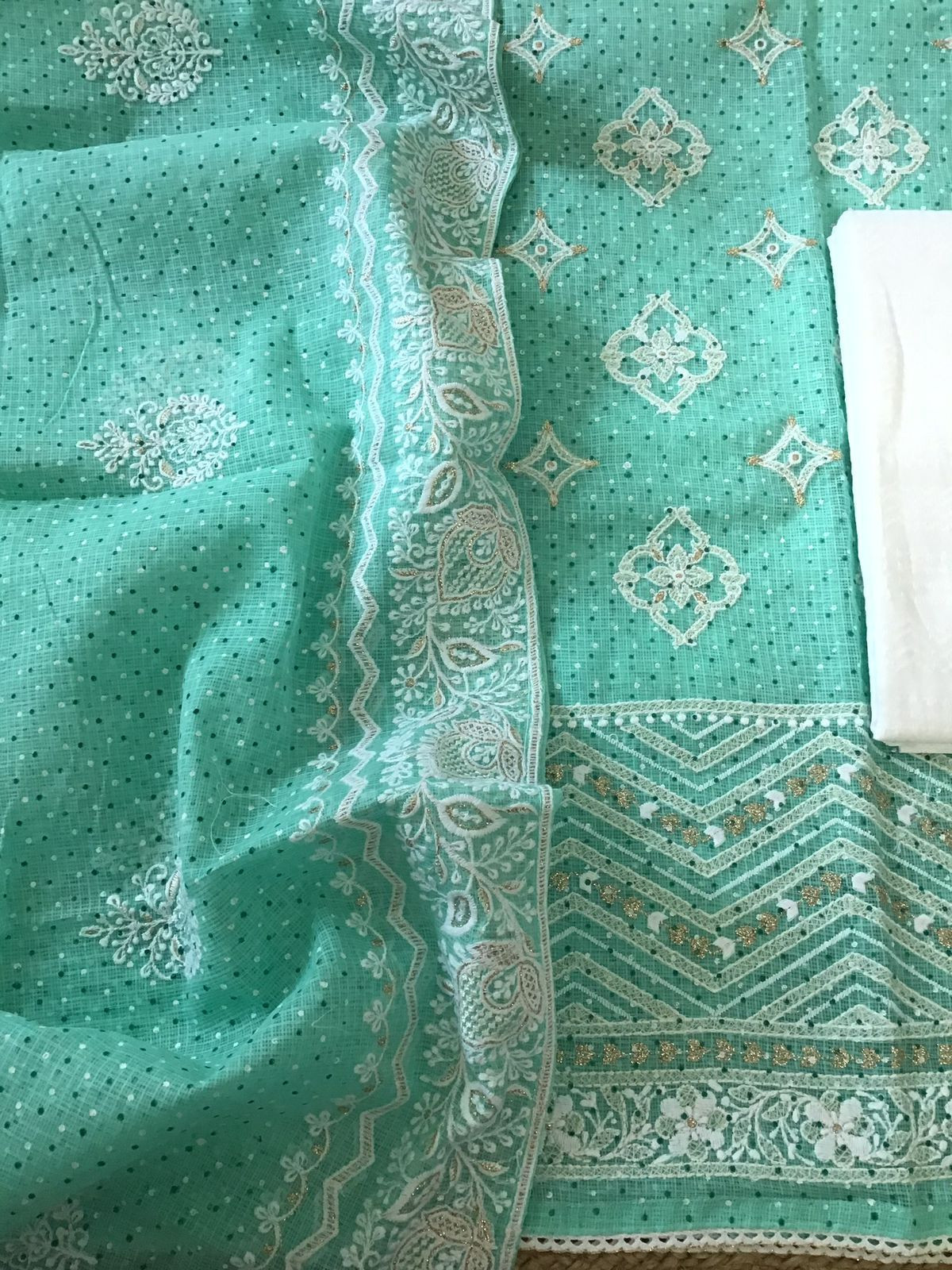 Pure Kota Cotton Block Printed Embroidered Suit - Sea Green