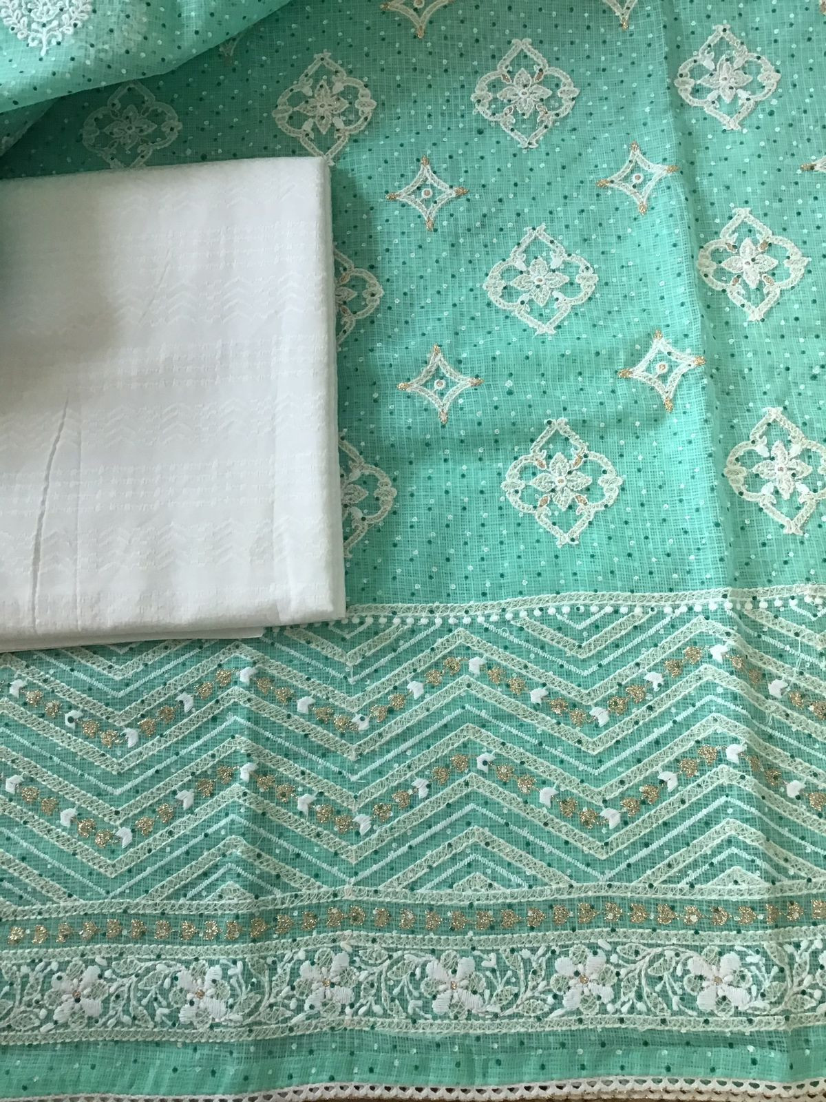 Pure Kota Cotton Block Printed Embroidered Suit - Sea Green