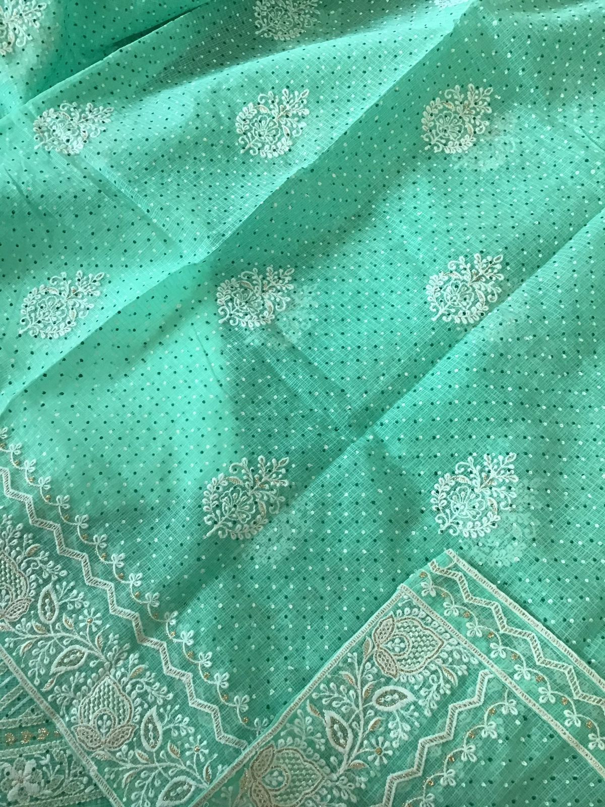 Pure Kota Cotton Block Printed Embroidered Suit - Sea Green