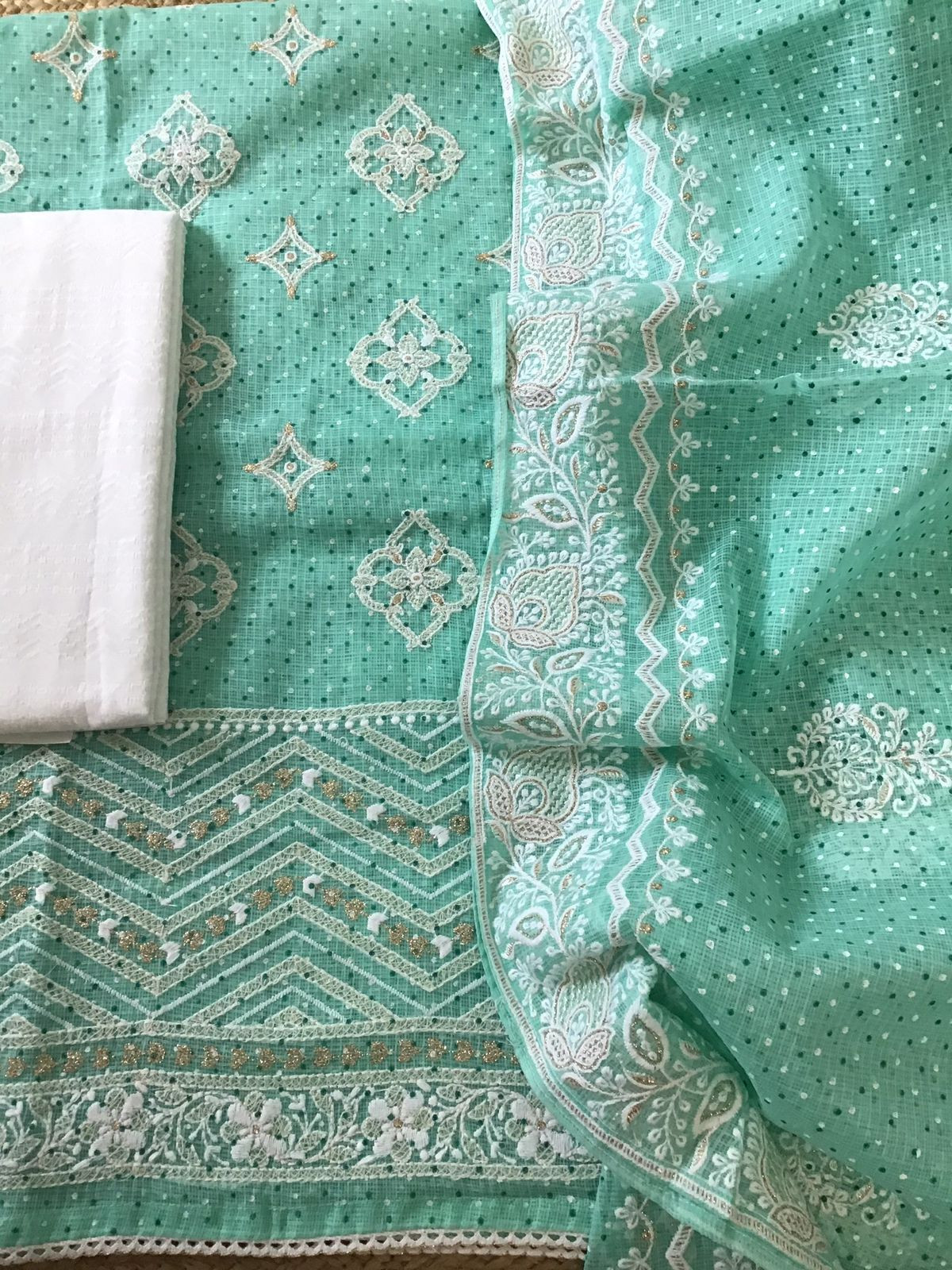 Pure Kota Cotton Block Printed Embroidered Suit - Sea Green