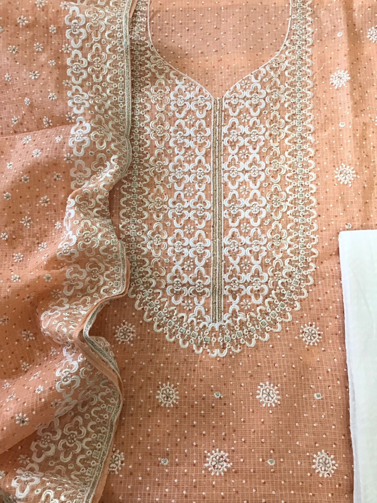 Pure Kota Cotton Block Printed Embroidered Suit - Orange