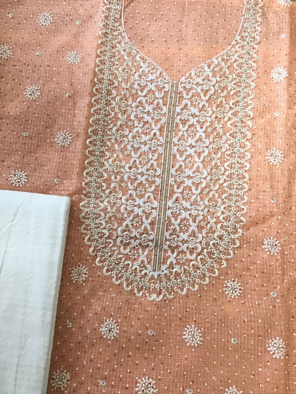 Pure Kota Cotton Block Printed Embroidered Suit - Orange