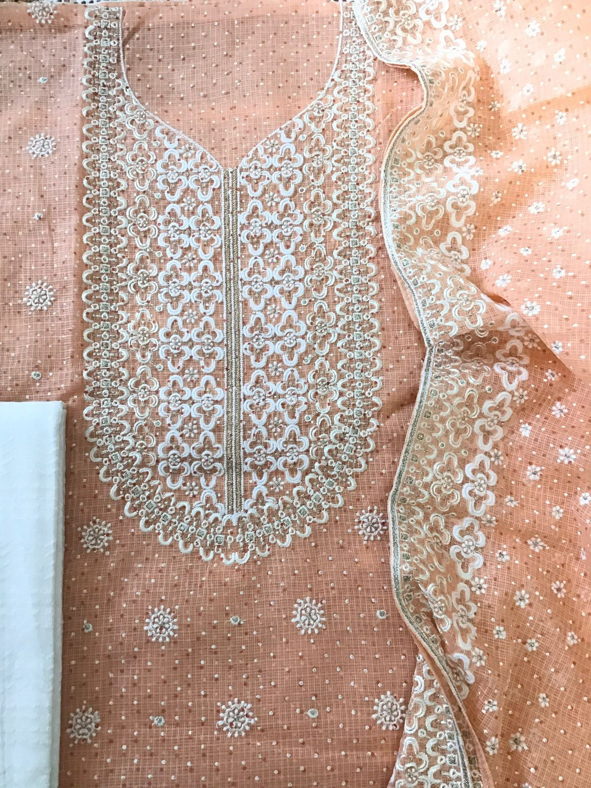 Pure Kota Cotton Block Printed Embroidered Suit - Orange