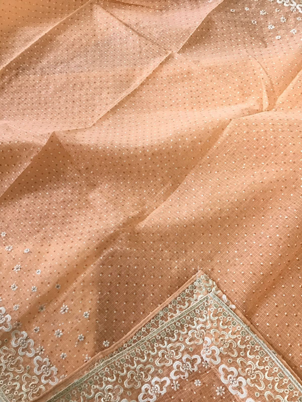 Pure Kota Cotton Block Printed Embroidered Suit - Orange