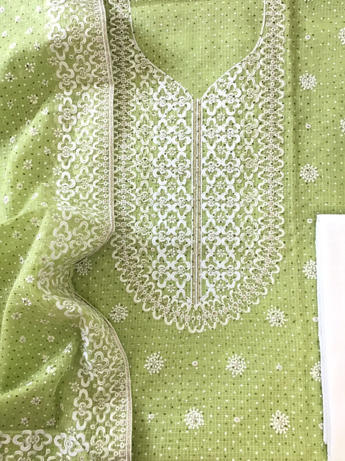 Pure Kota Cotton Block Printed Embroidered Suit - Green