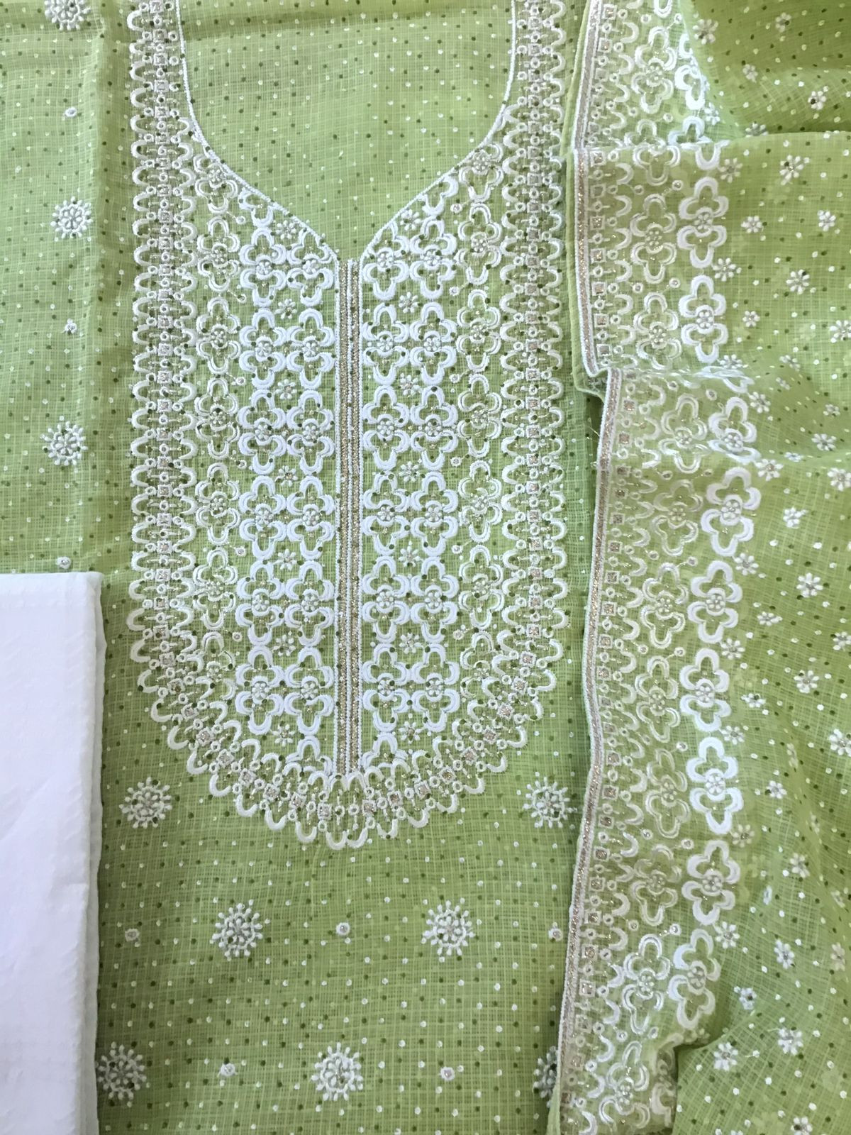 Pure Kota Cotton Block Printed Embroidered Suit - Green