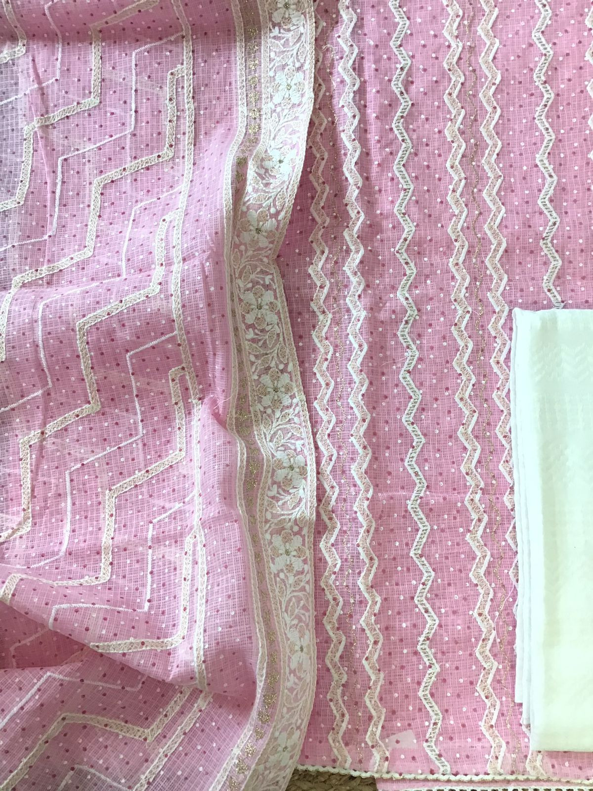 Pure Kota Cotton Block Printed Embroidered Suit - Pink
