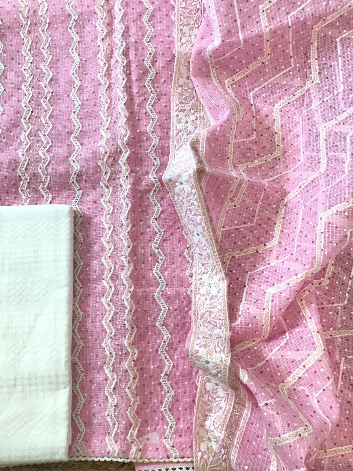 Pure Kota Cotton Block Printed Embroidered Suit - Pink