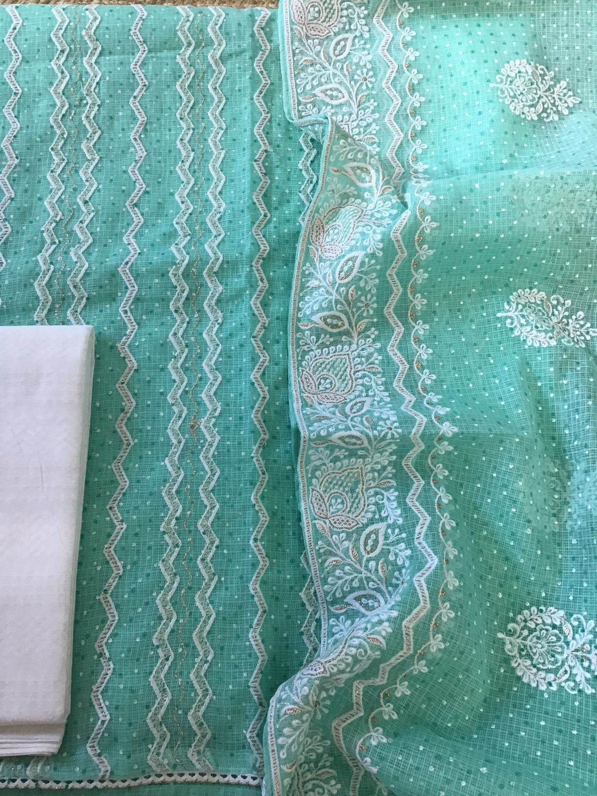 Pure Kota Cotton Block Printed Embroidered Suit - Sea Blue