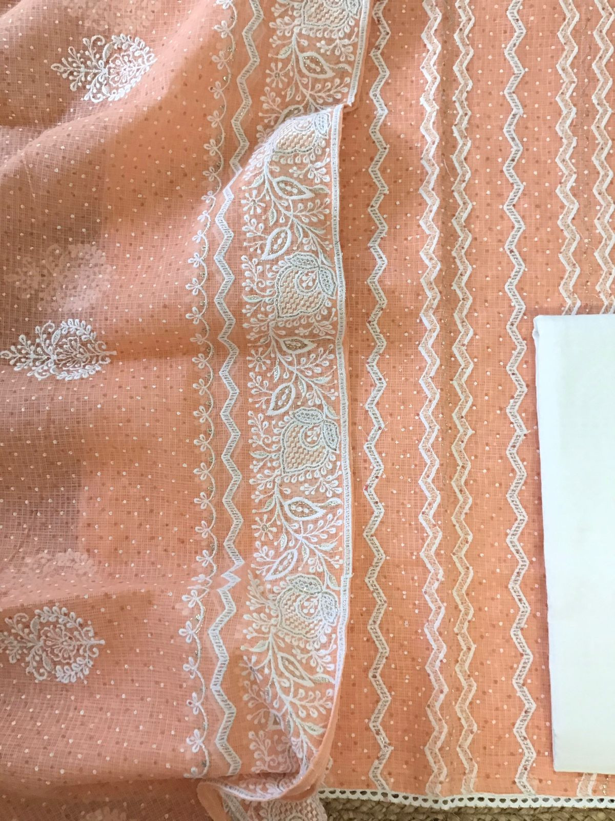 Pure Kota Cotton Block Printed Embroidered Suit - Orange