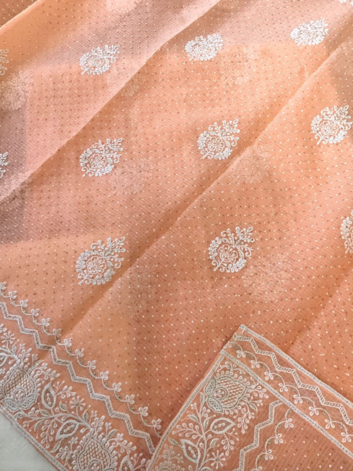 Pure Kota Cotton Block Printed Embroidered Suit - Orange
