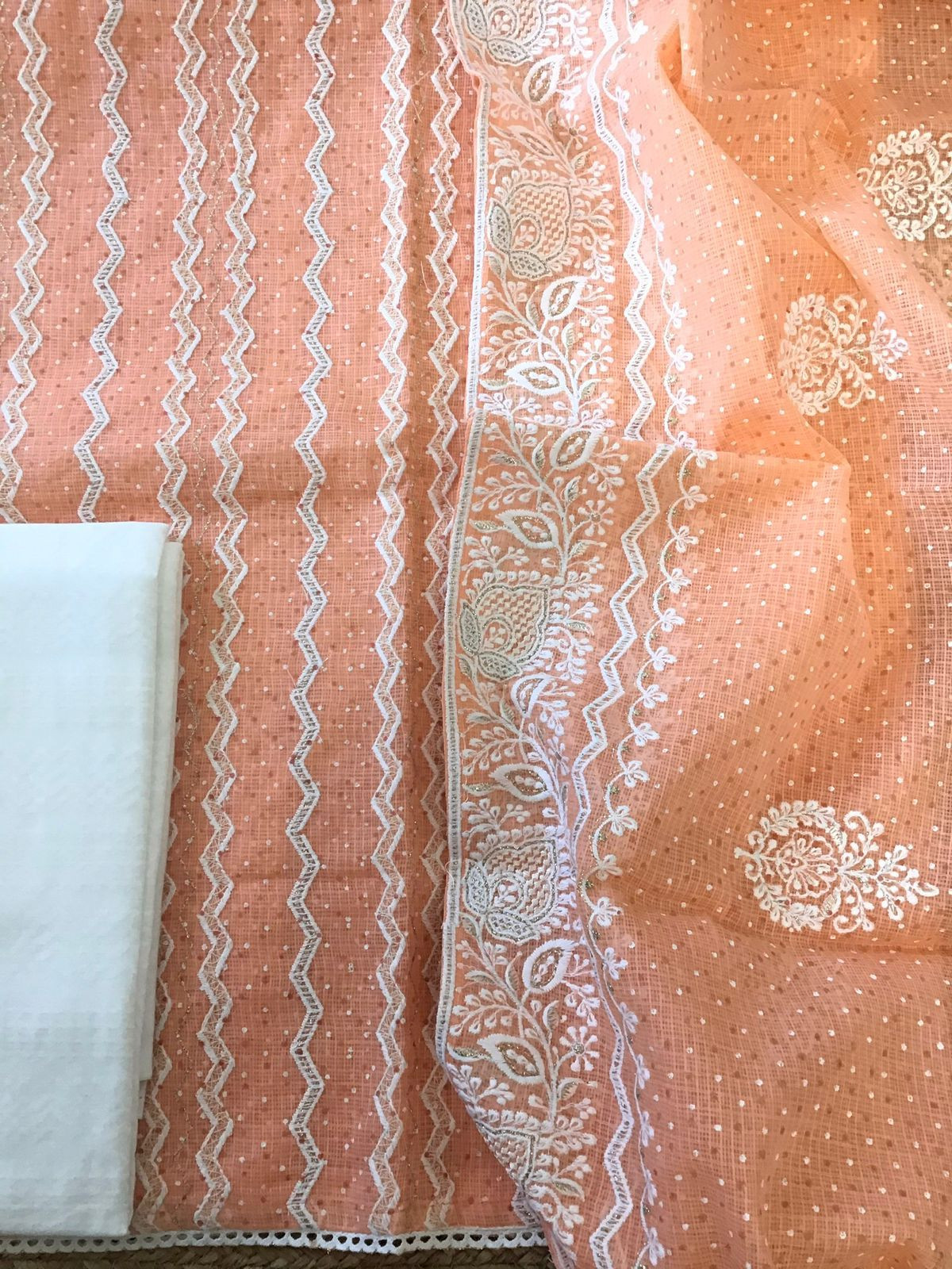 Pure Kota Cotton Block Printed Embroidered Suit - Orange