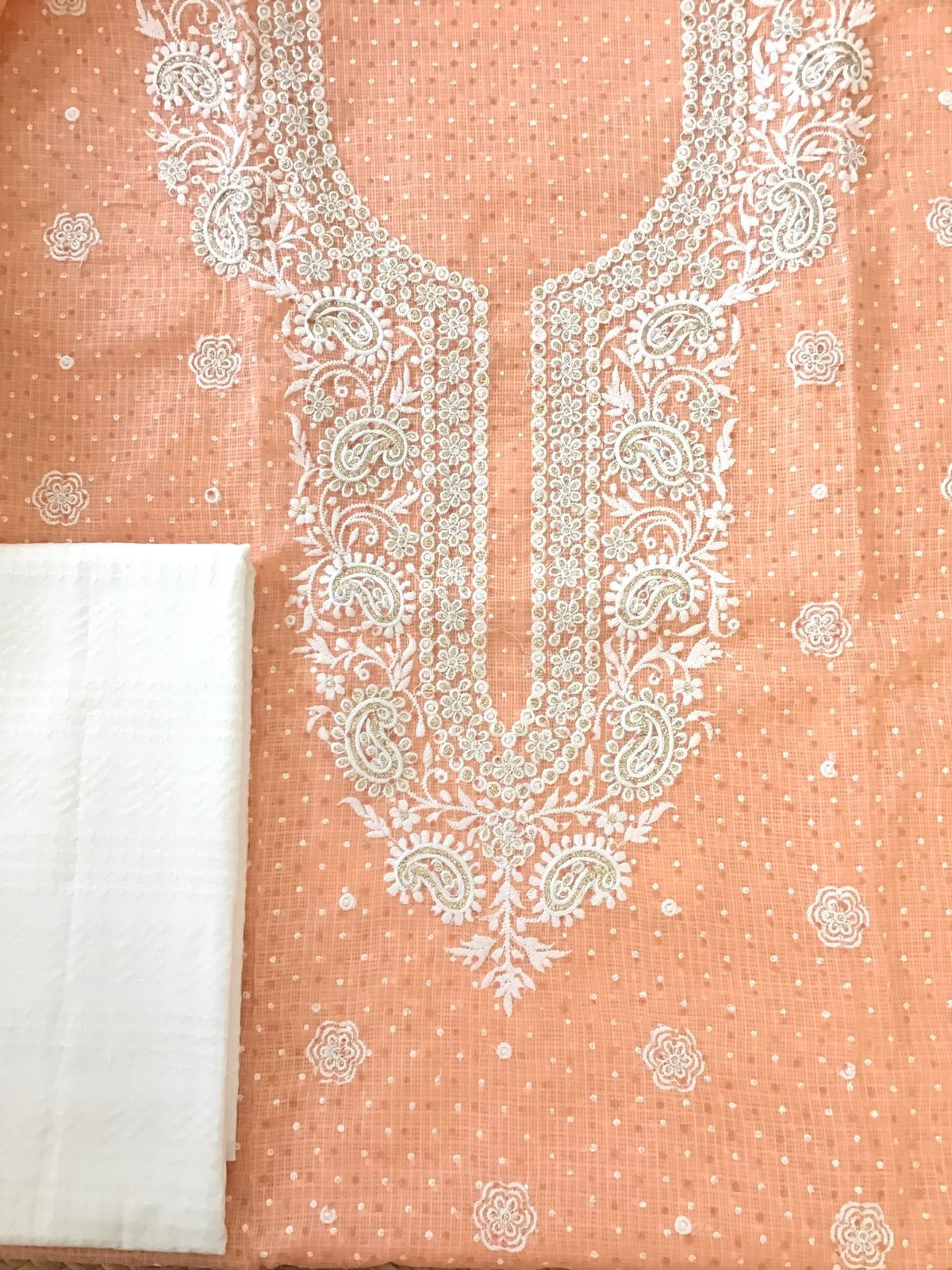 Pure Kota Cotton Block Printed Embroidered Suit - Orange