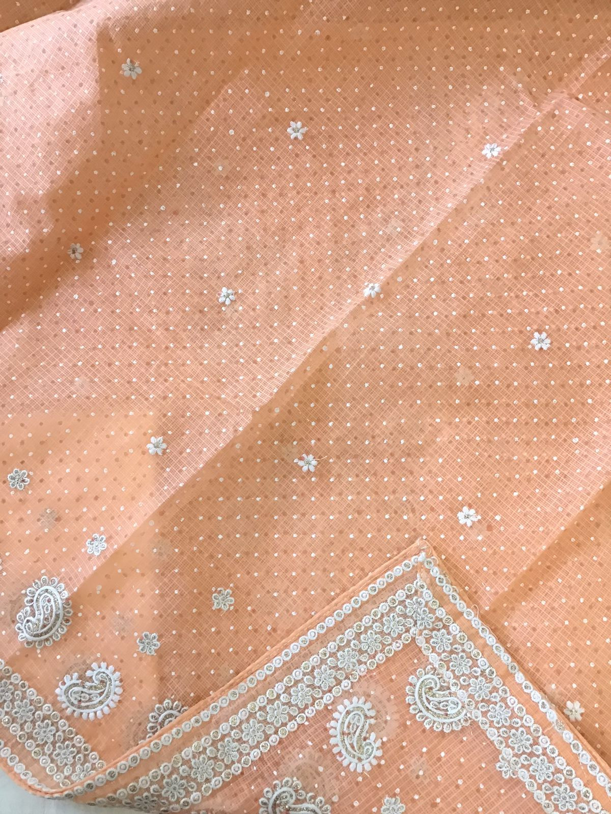 Pure Kota Cotton Block Printed Embroidered Suit - Orange