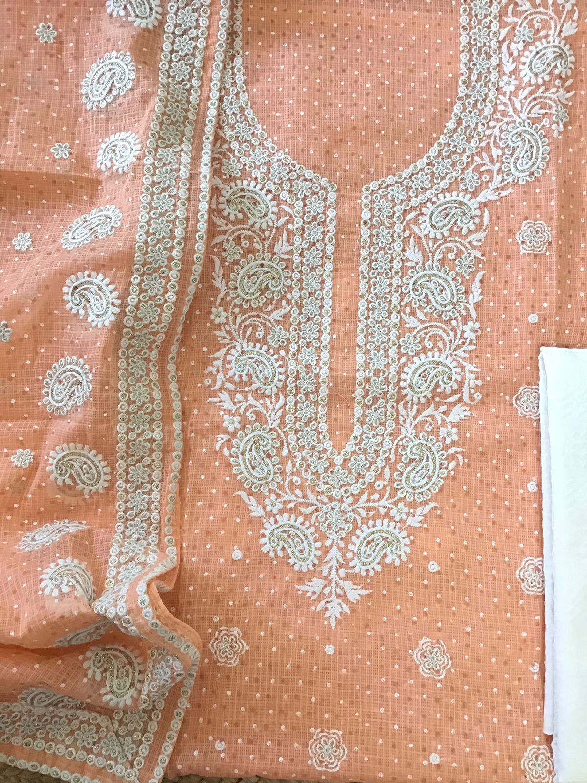 Pure Kota Cotton Block Printed Embroidered Suit - Orange