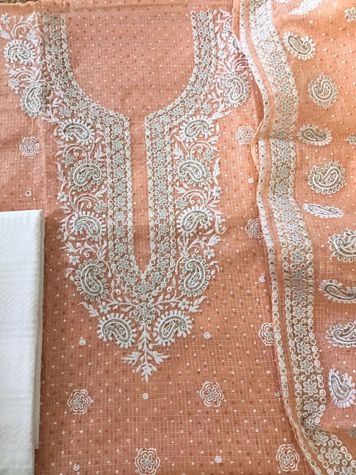 Pure Kota Cotton Block Printed Embroidered Suit - Orange