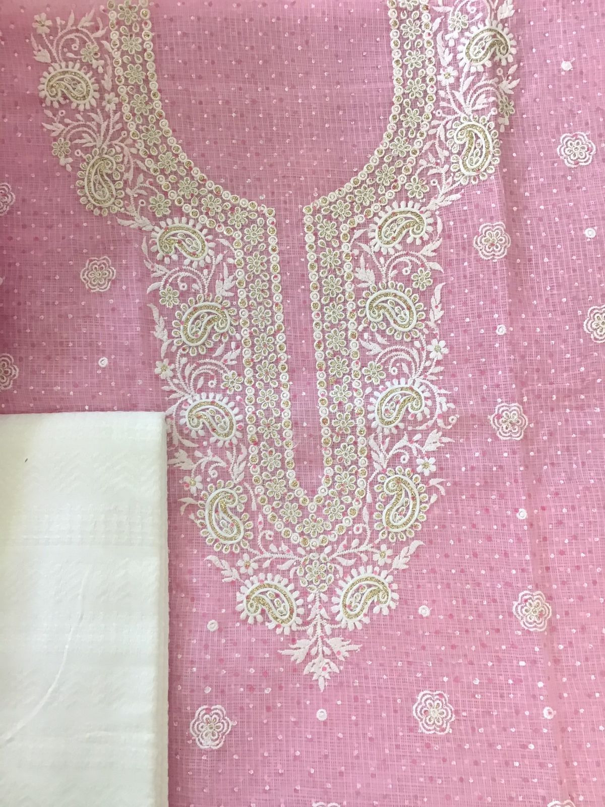 Pure Kota Cotton Block Printed Embroidered Suit - Pink