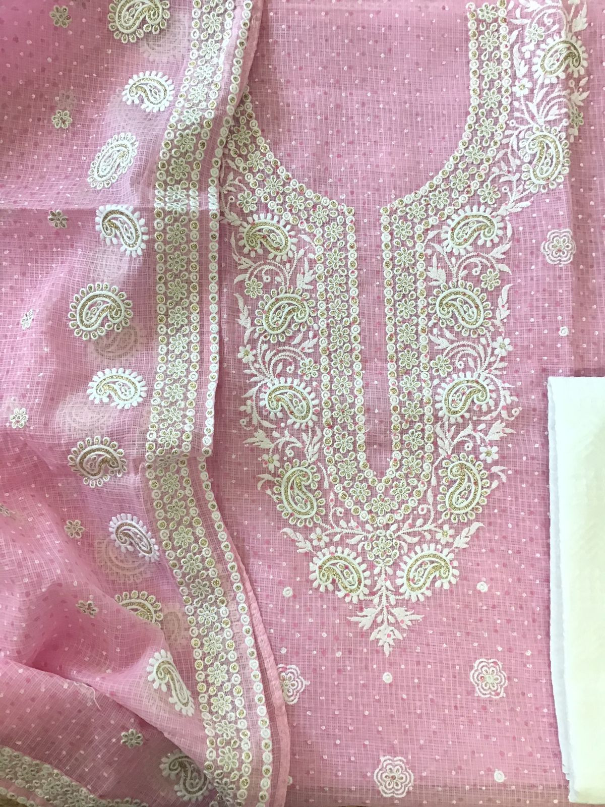 Pure Kota Cotton Block Printed Embroidered Suit - Pink