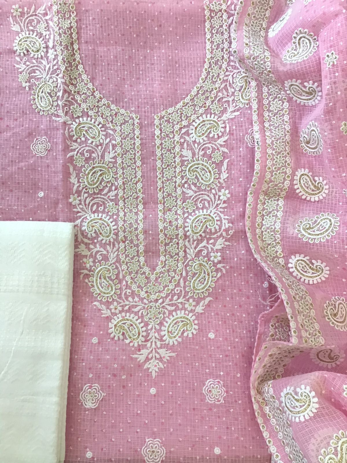 Pure Kota Cotton Block Printed Embroidered Suit - Pink