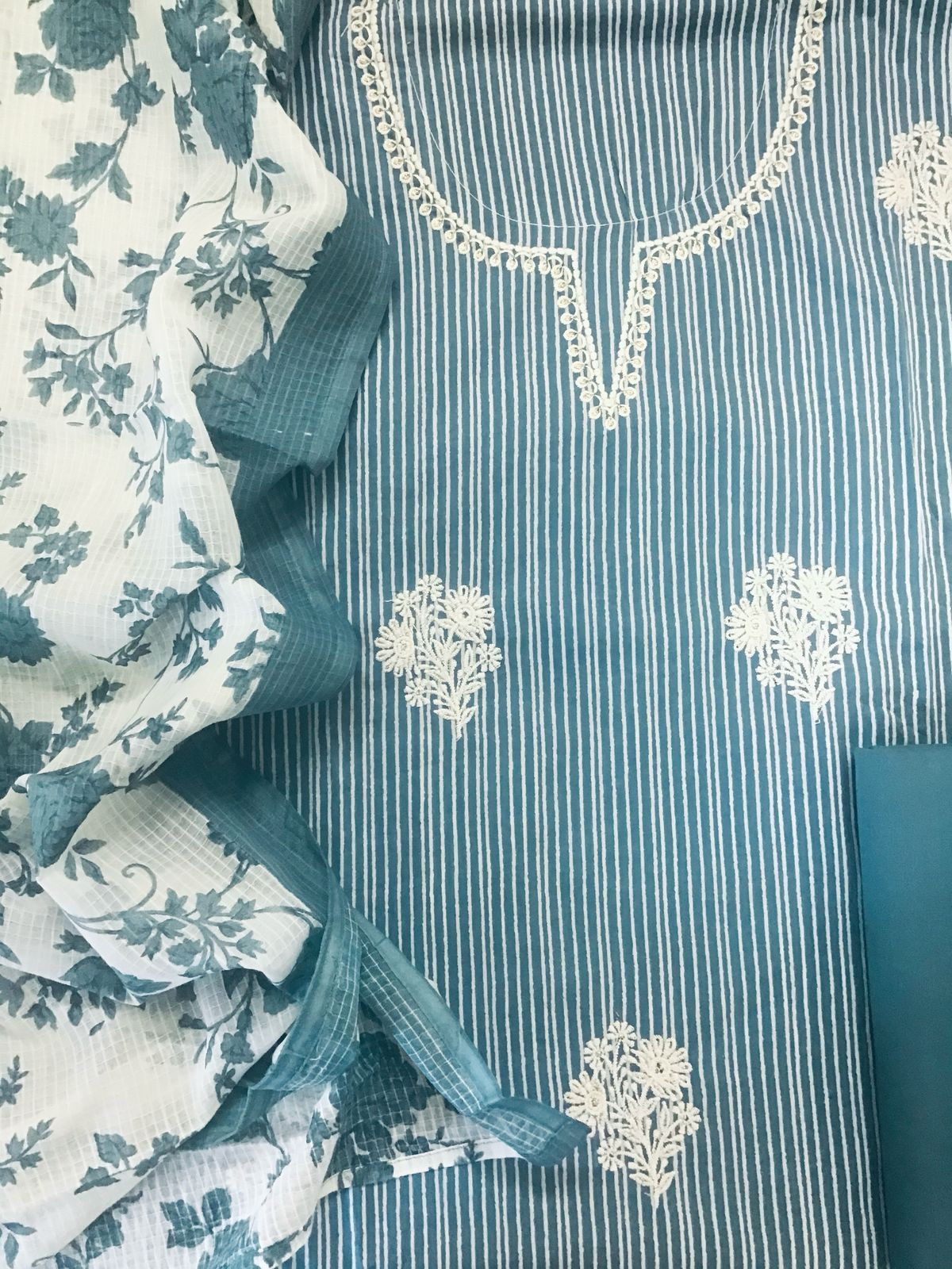 Pure Cotton Printed Embroidered Suit - Blue