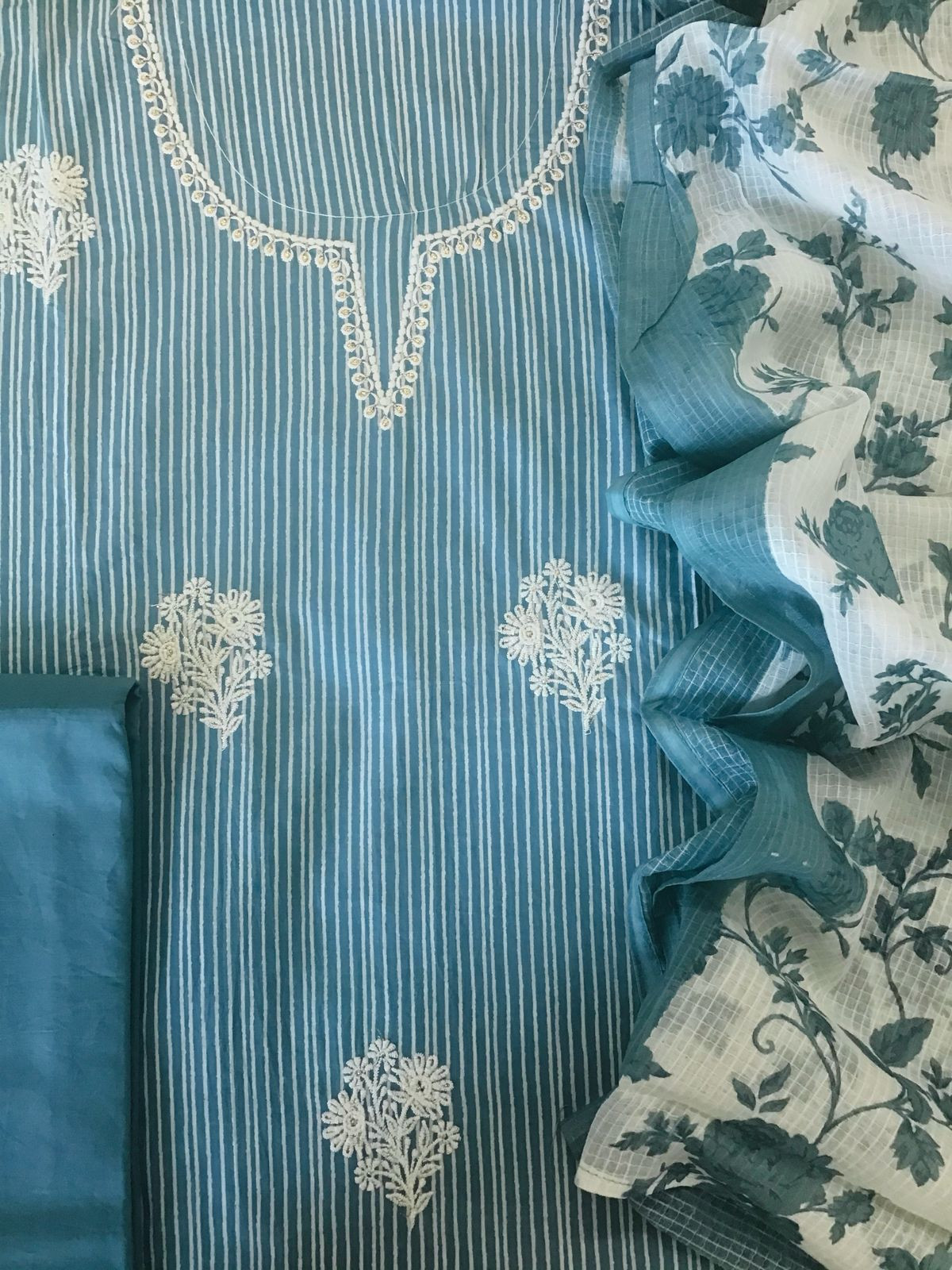 Pure Cotton Printed Embroidered Suit - Blue