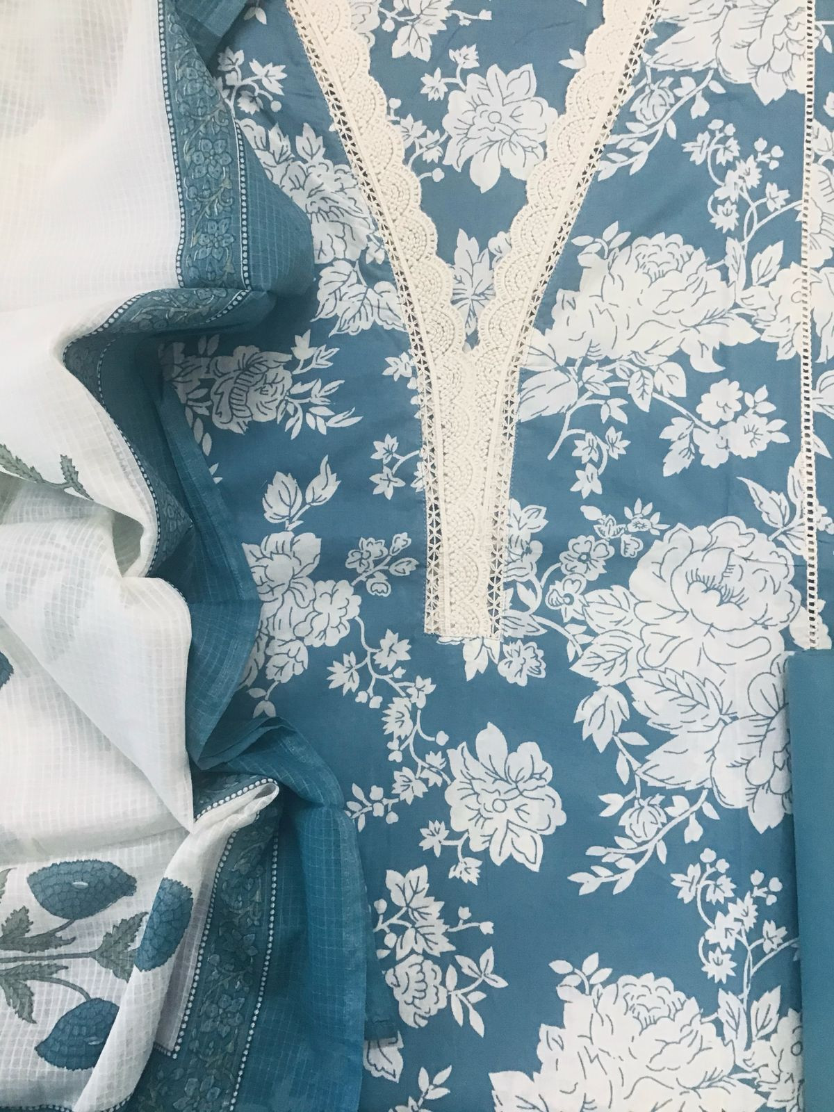 Pure Cotton Printed Embroidered Suit - Blue