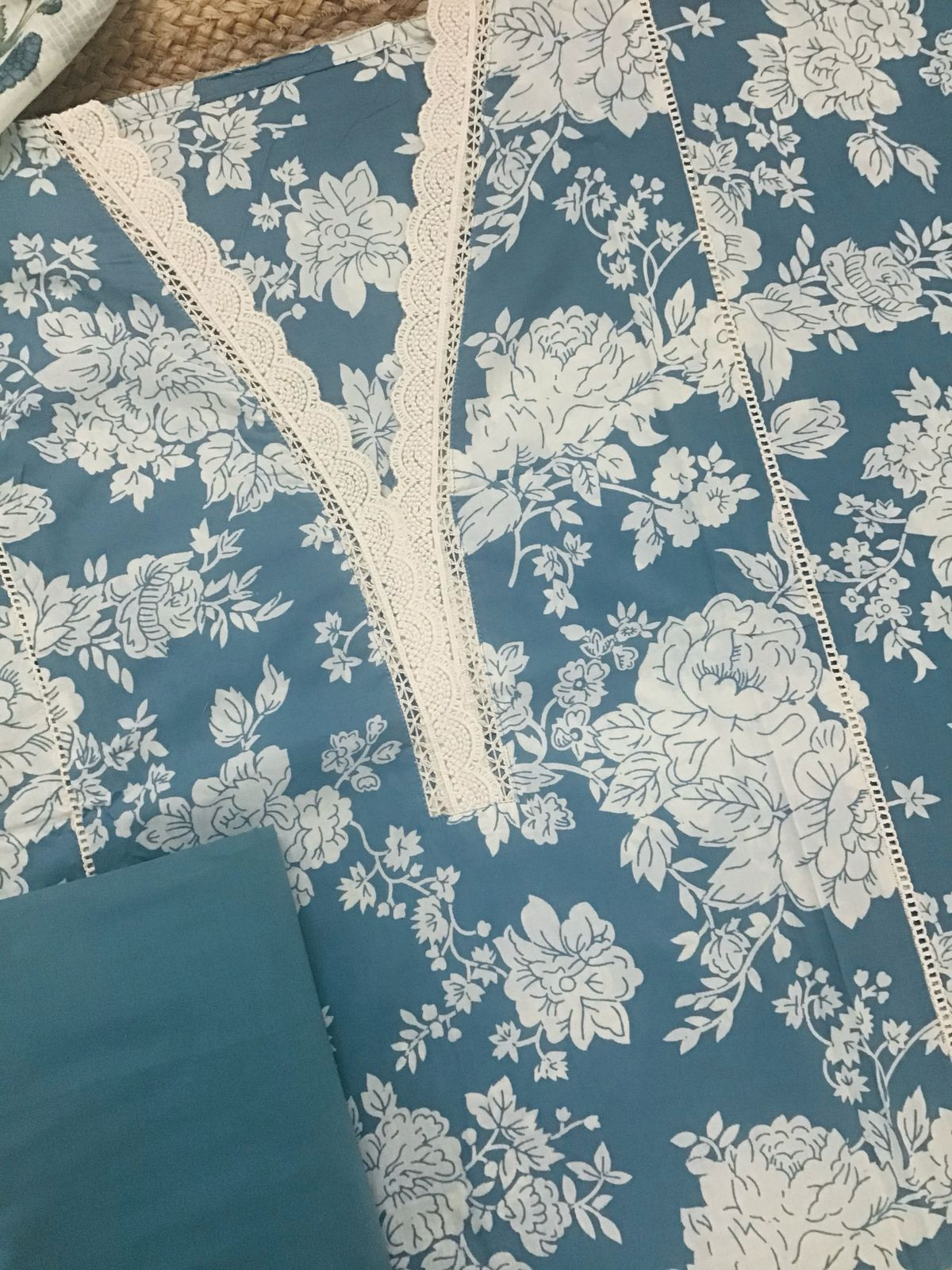 Pure Cotton Printed Embroidered Suit - Blue