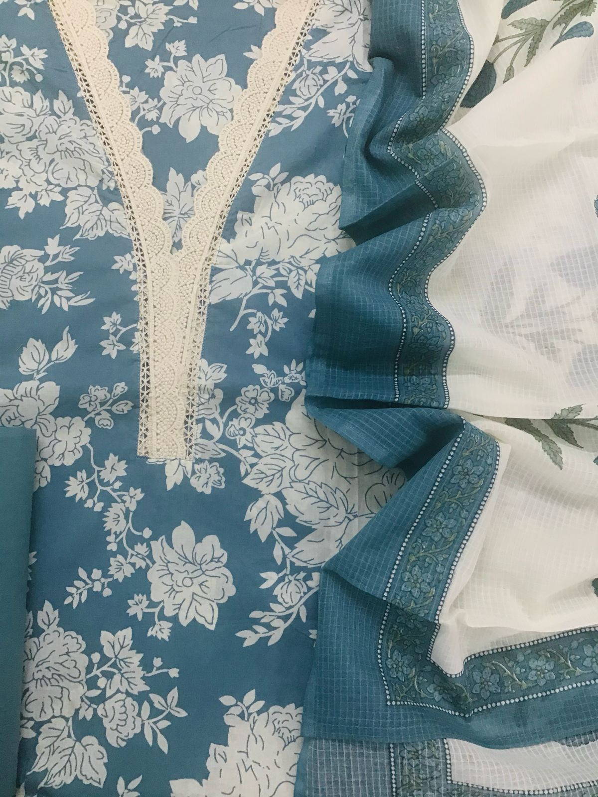 Pure Cotton Printed Embroidered Suit - Blue