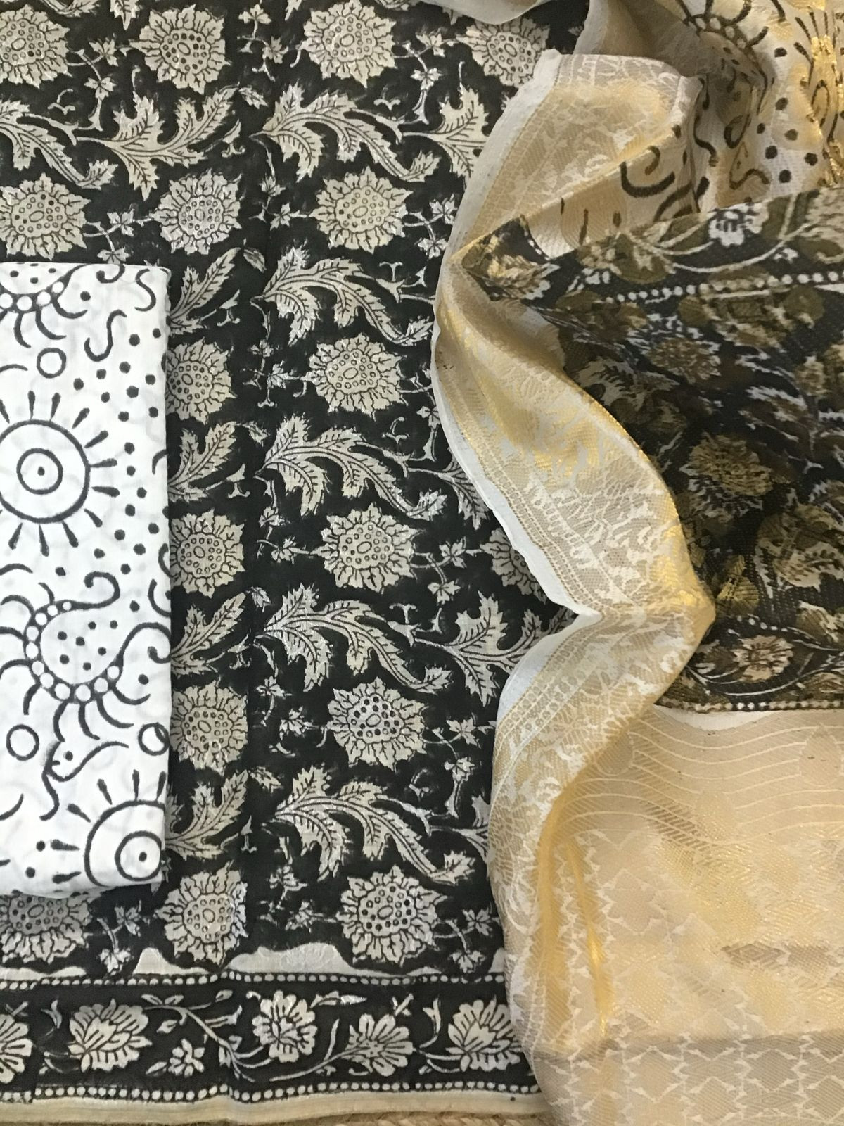 Pure Cotton Printed Self Weaved Suit - Black