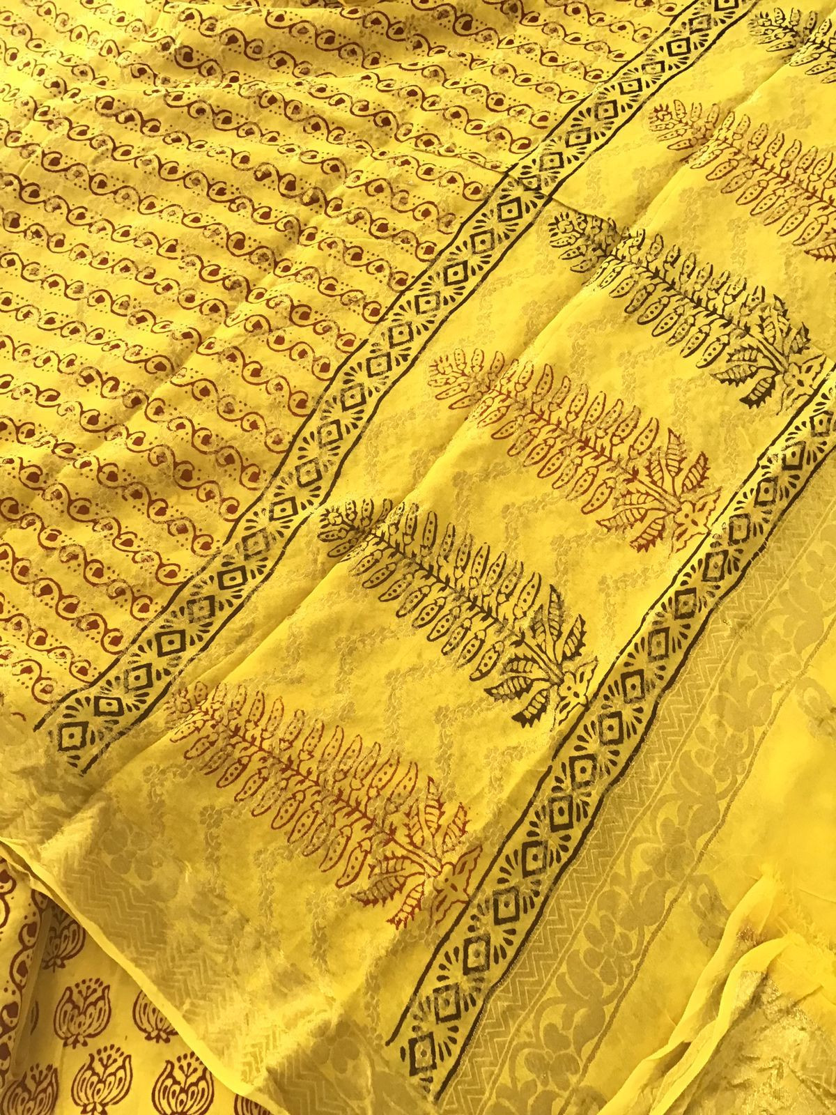 Pure Upada Silk Block Printed Banarasi Weaved Suit - Yellow