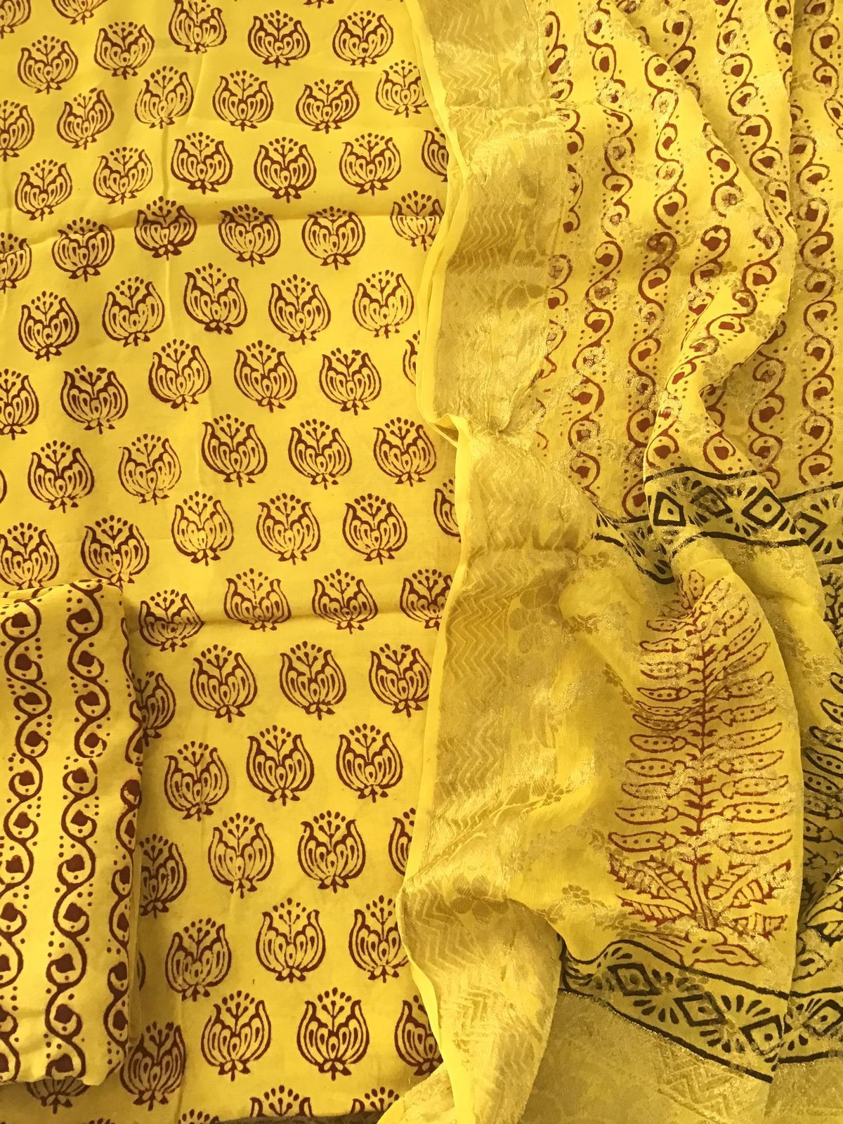 Pure Upada Silk Block Printed Banarasi Weaved Suit - Yellow