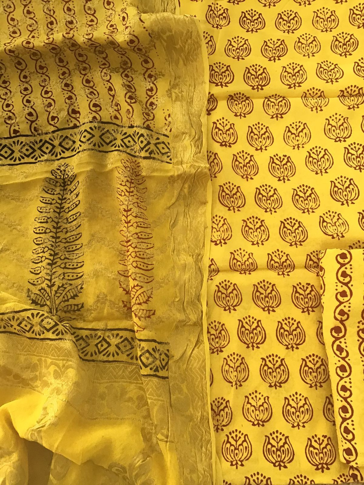 Pure Upada Silk Block Printed Banarasi Weaved Suit - Yellow