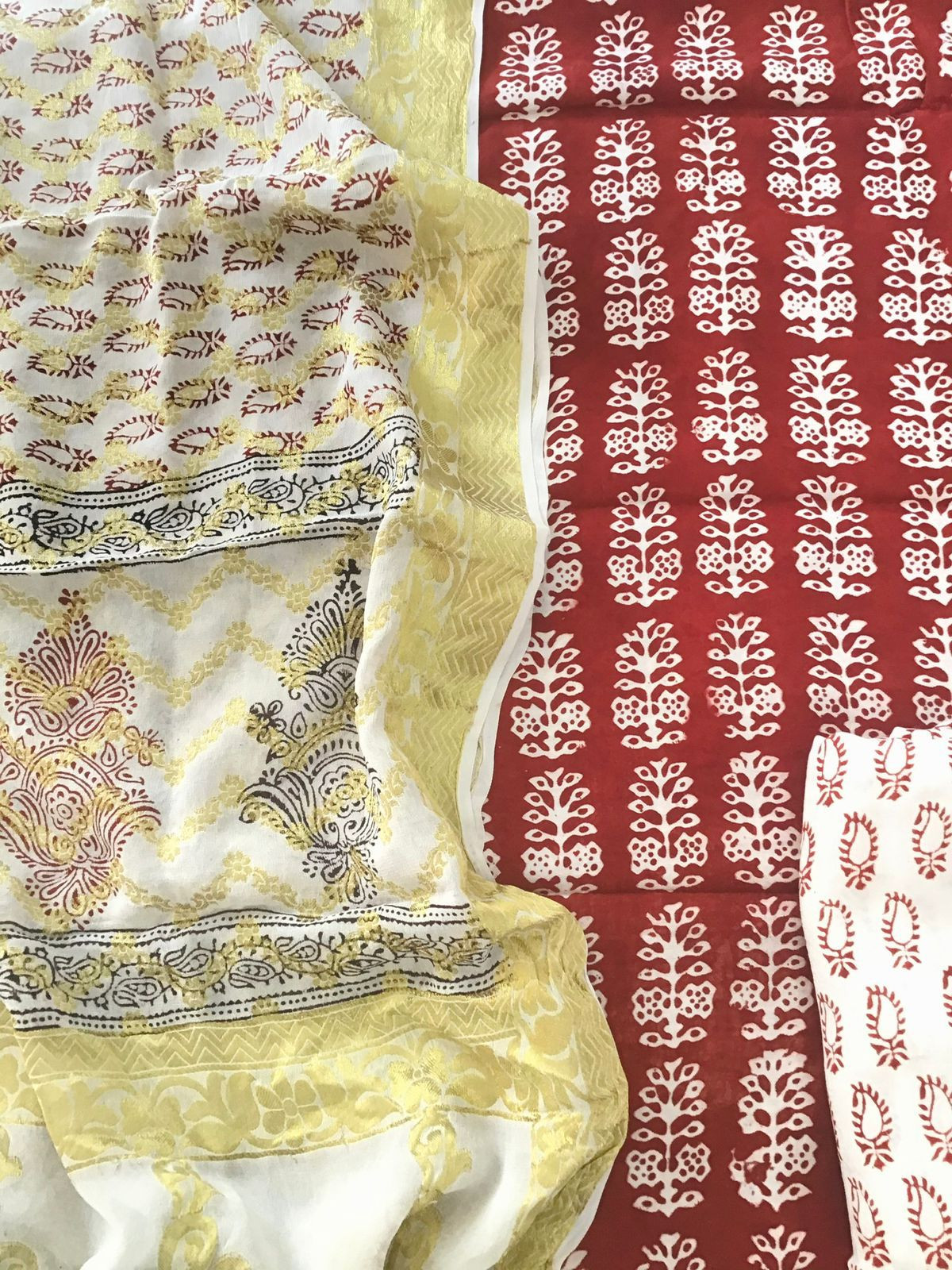 Pure Upada Silk Block Printed Banarasi Weaved Suit - Red