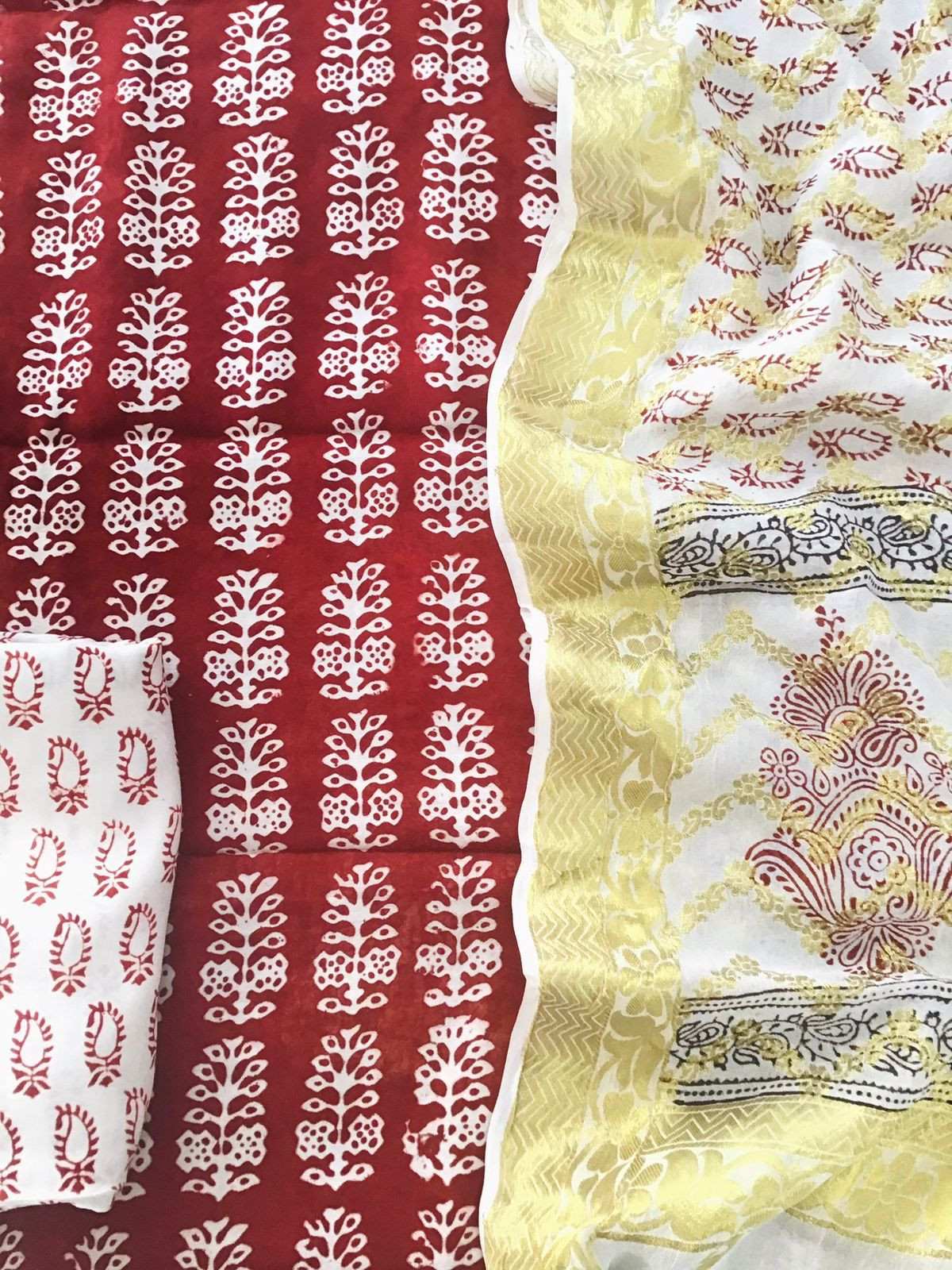 Pure Upada Silk Block Printed Banarasi Weaved Suit - Red