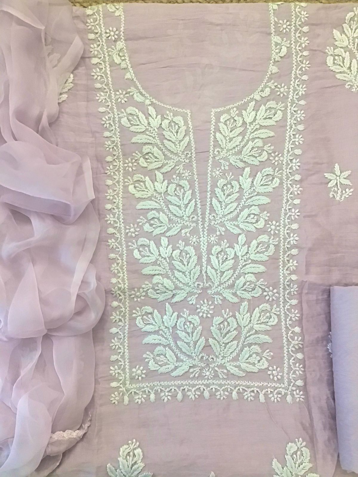 Pure Chanderi Chikankari Work Suit - Lavender