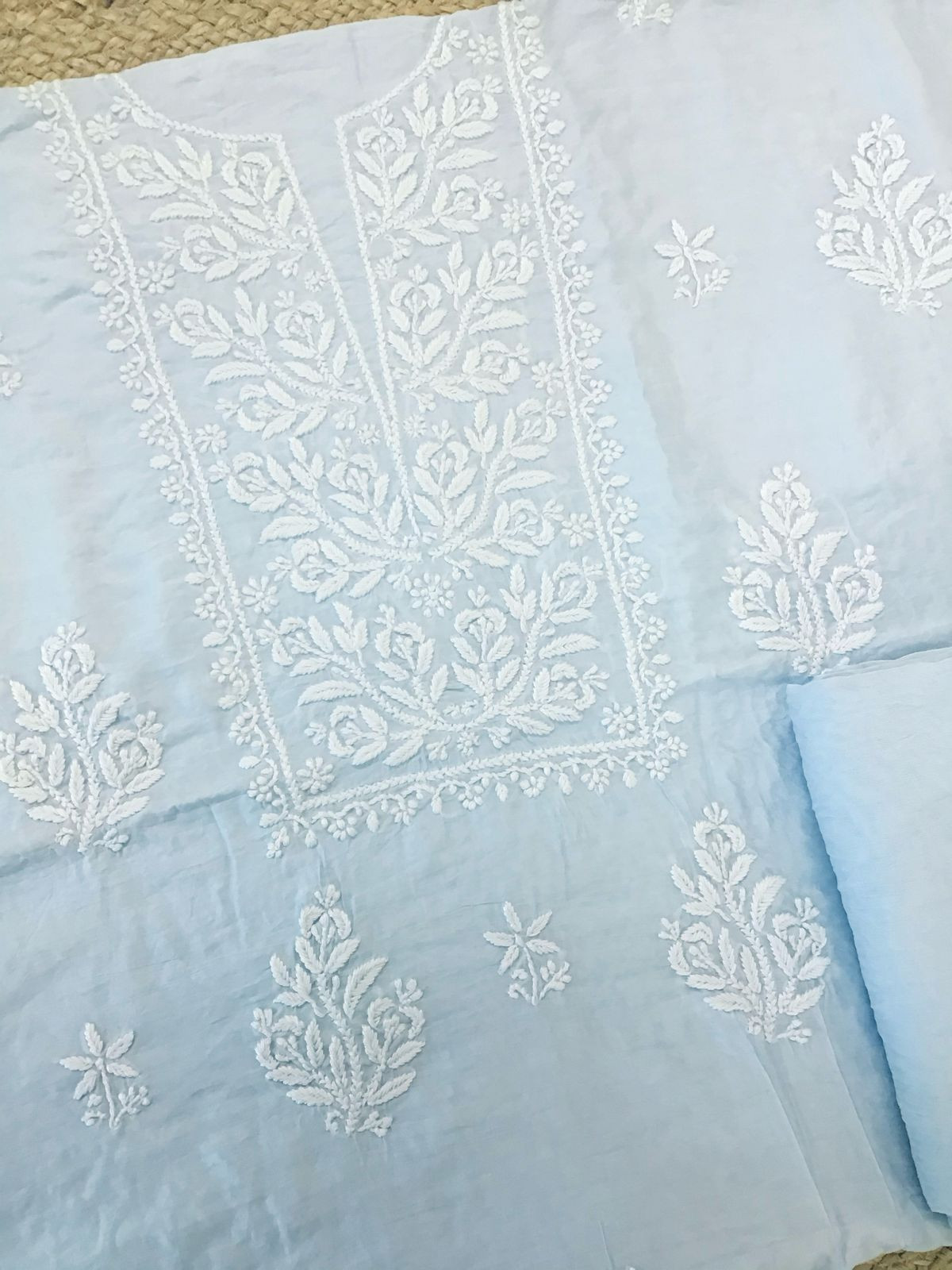 Pure Chanderi Chikankari Work Suit - Powder Blue