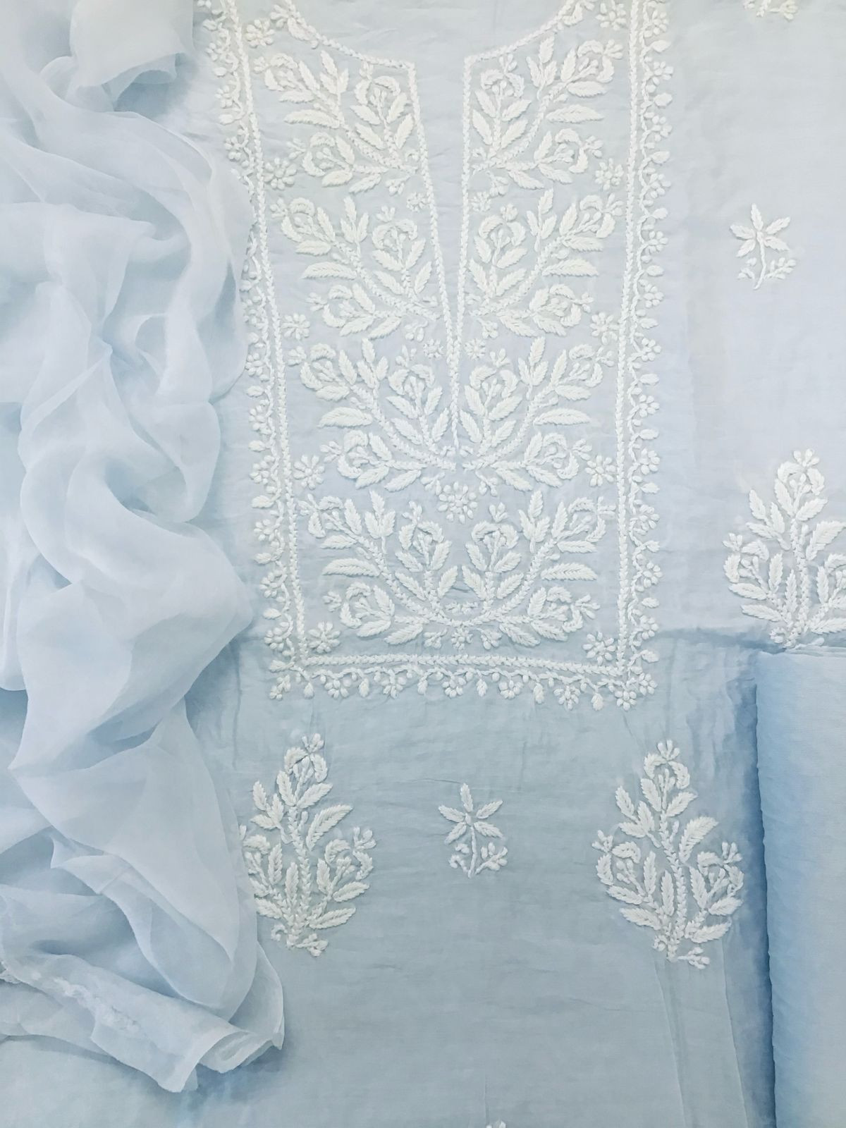 Pure Chanderi Chikankari Work Suit - Powder Blue