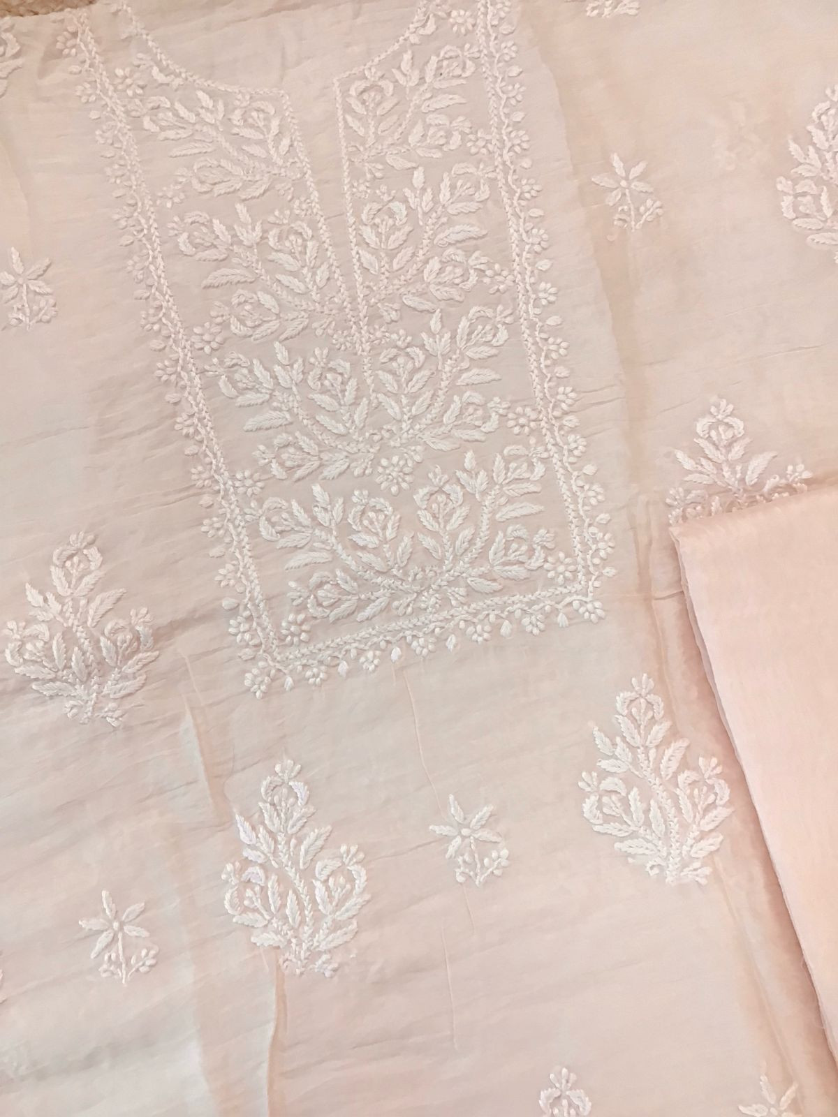Pure Chanderi Chikankari Work Suit - Peach