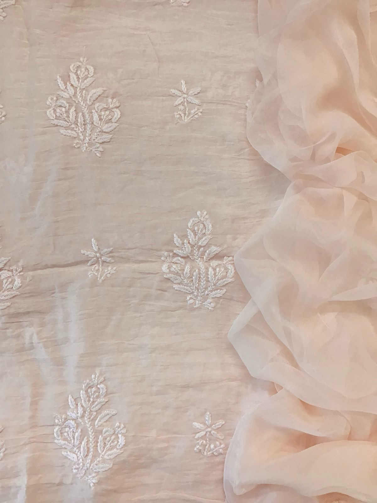 Pure Chanderi Chikankari Work Suit - Peach