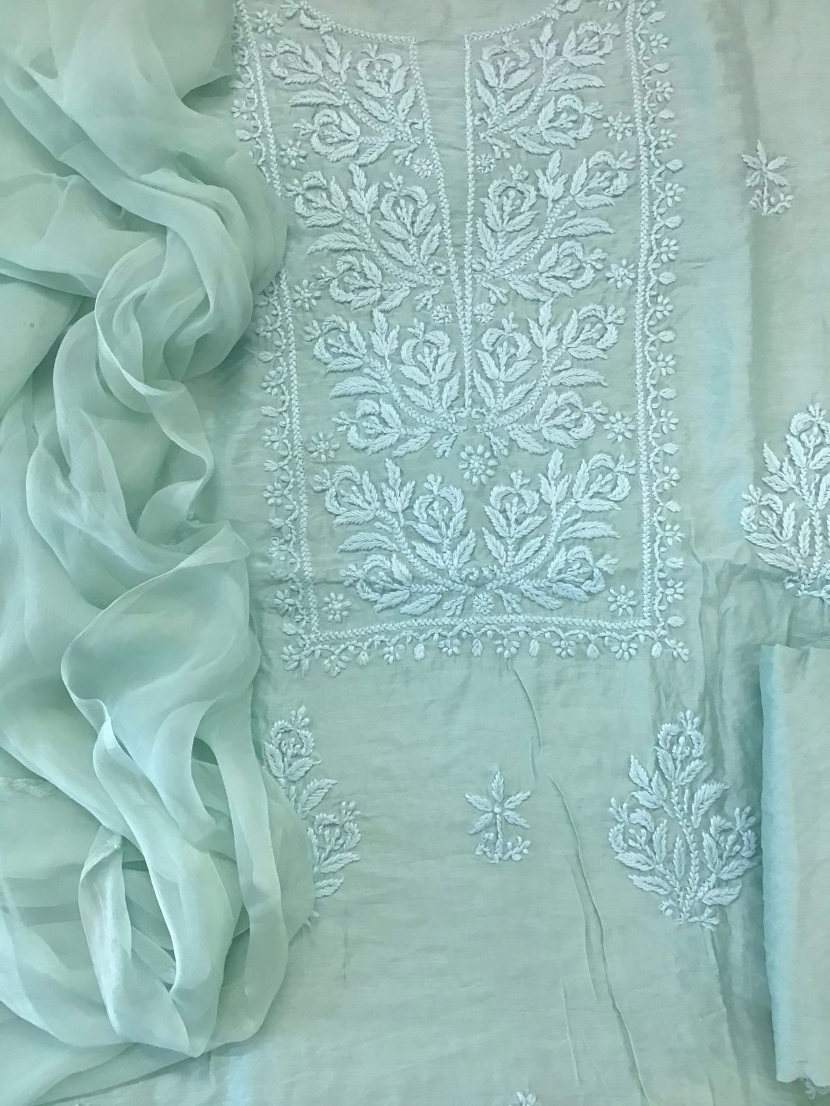 Pure Chanderi Chikankari Work Suit - Seagreen
