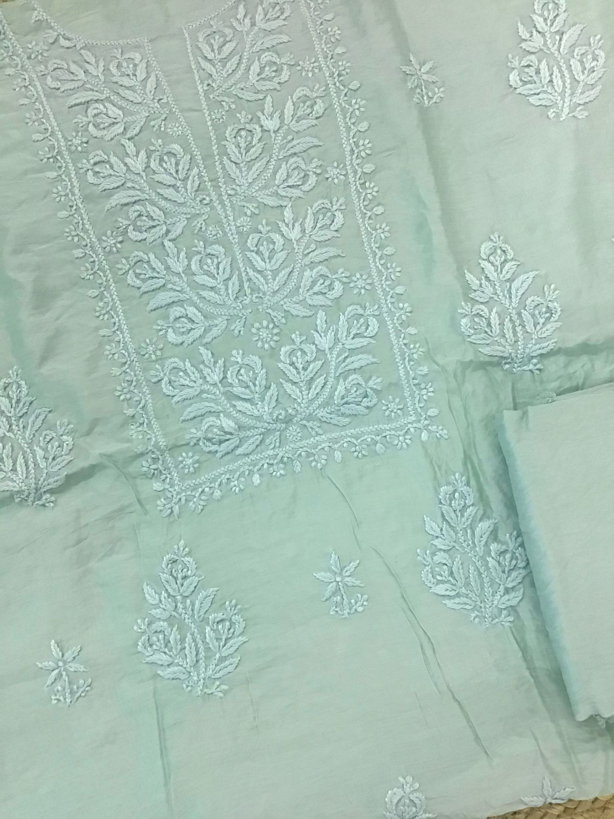 Pure Chanderi Chikankari Work Suit - Seagreen